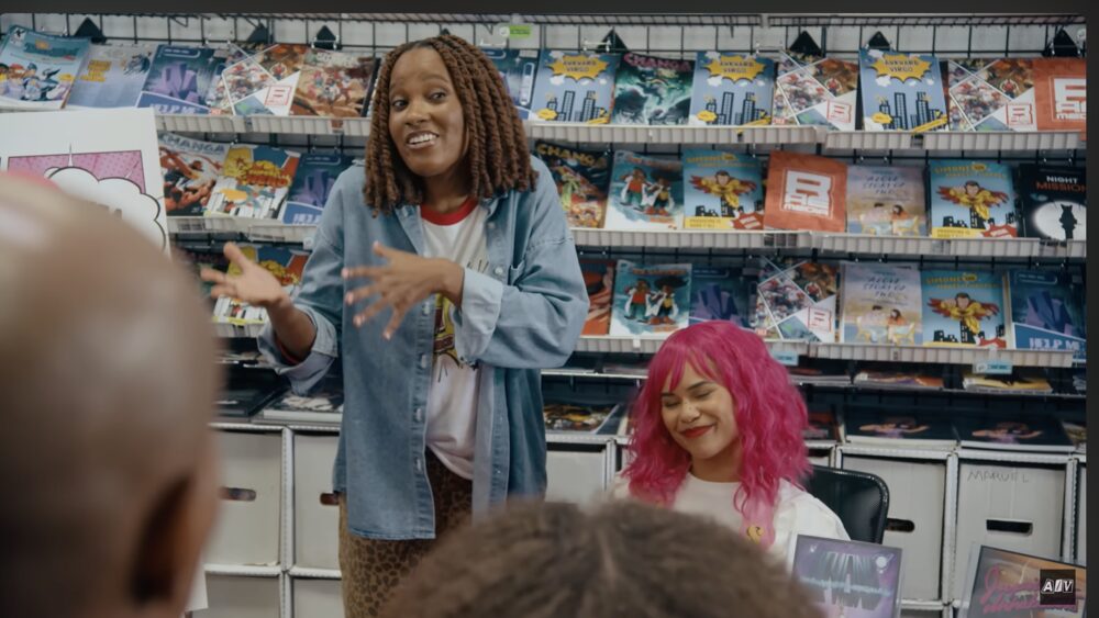 In-store scene with shelves of Awkward Virgo comics from The Comic Shop, Episode 1