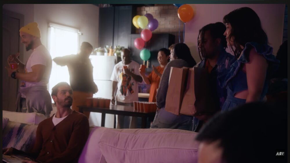 Cast gathered at a party scene from The Comic Shop, Episode 2