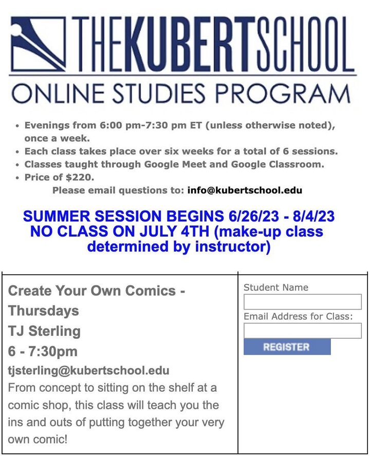 Kubert School Online Studies Program flyer for Create Your Own Comics, taught by TJ Sterling