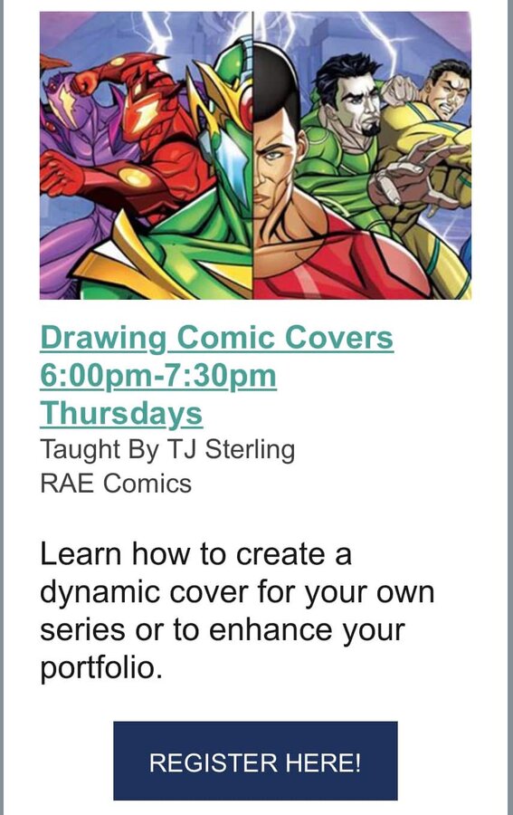 Kubert School Online Studies Program flyer for Drawing Comic Covers, taught by TJ Sterling of RAE Comics