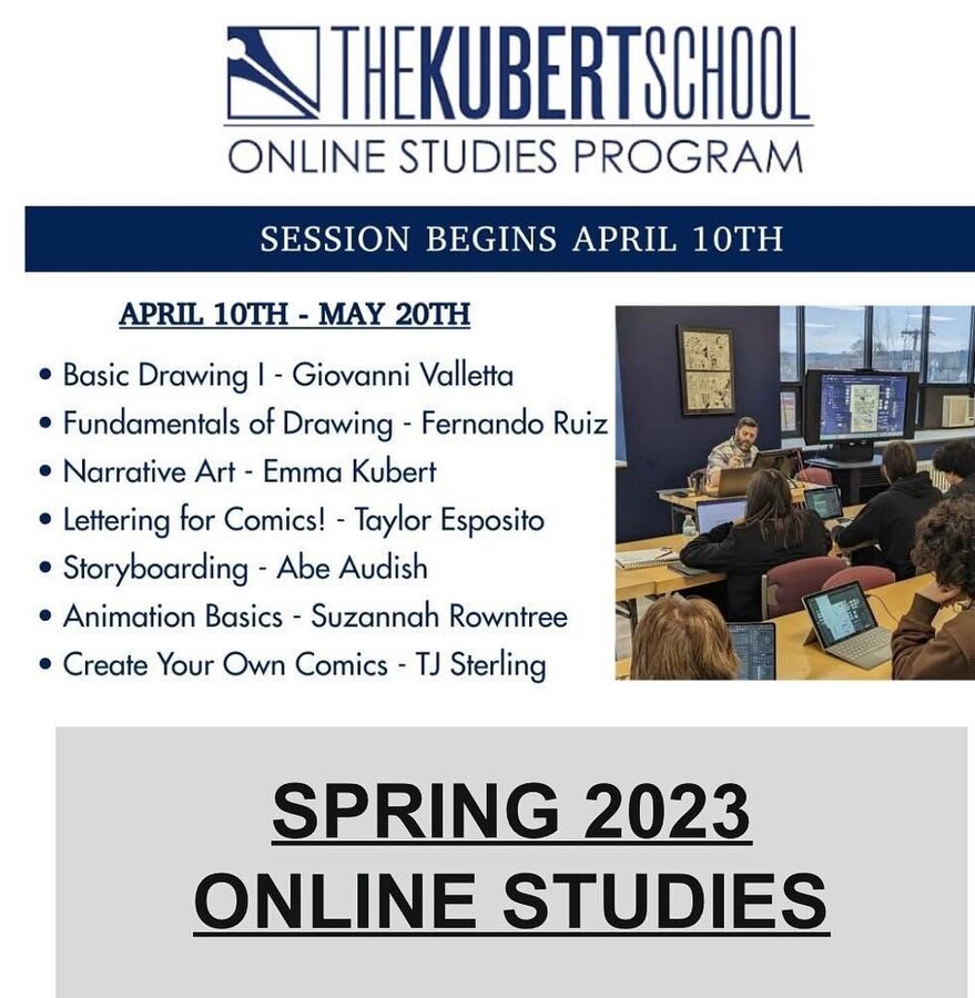 Kubert School Spring 2023 Online Studies course listing, including Create Your Own Comics taught by TJ Sterling