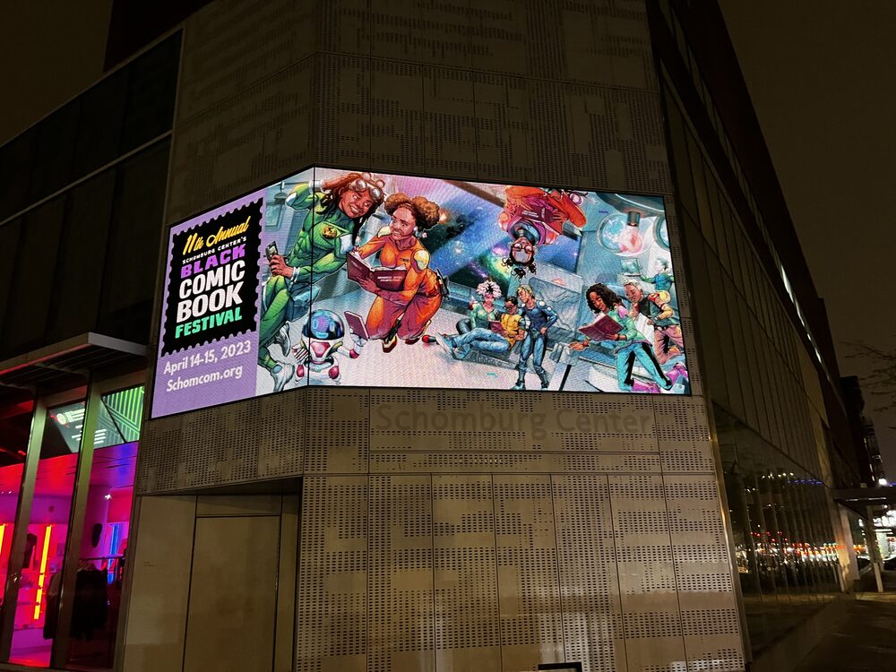 Schomburg Center for Research in Black Culture, marquee lit up for the Black Comic Book Festival