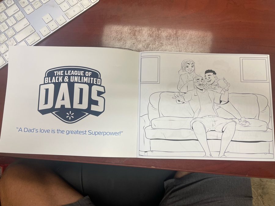 The League of Black & Unlimited Dads — interior coloring page, dad and kids on the couch